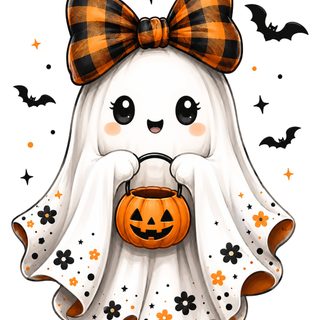 a cartoon ghost with a pumpkin in its mouth and a bow on it's head Halloween Clipart Ghost Cute, Ghost Png, Diy Halloween Shirts, Watercolor Leopard Print, snow