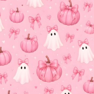a pink and white halloween themed background with pumpkins, ghost faces, and bows Pink Fall Halloween Cute Fall Backgrounds, Fall Background, Pink,