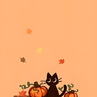 a black cat sitting on top of pumpkins in front of an orange sky with falling leaves Cute Halloween Black Cat Søte Tegninger, Halloween, Autumn Phone, Halloween Iphone Backgrounds, light salmon