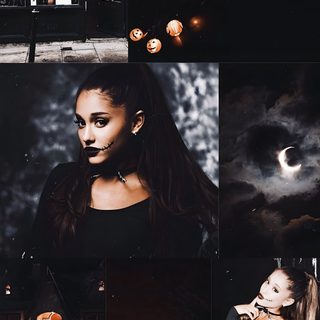 a collage of photos with pumpkins in the background Ariana Grande Halloween Ariana Grande Jack Skellington, Aesthetic Halloween Tumblr, Halloween Tumblr, black