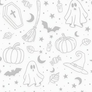 a white and gray halloween themed background with ghost, pumpkins, bats, and stars Halloween Magic Potions Light Greysmall Grey Halloween, Light Halloween, Simple Spooky Background, white smoke