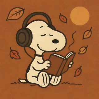 a cartoon dog is reading a book and listening to headphones while sitting on the ground Snoopy Halloween Ipad Orange Brown, Cat Stickers, sienna