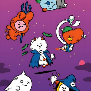 cartoon characters are flying through the air in front of an orange and purple sky with stars Bt21 Halloween Bt21 Pumpkin Painting, Bt21 Fall, Bt21 Thanksgiving, Bt21 Halloween, dark magenta