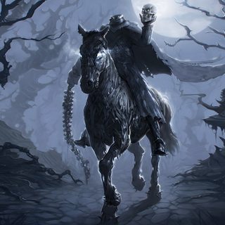 a man riding on the back of a horse in front of a moon filled sky Halloween Headless Horseman Dullahan 5e, Dnd Dullahan, Headless Horseman Dnd, Dullahan Head, dark slate gray