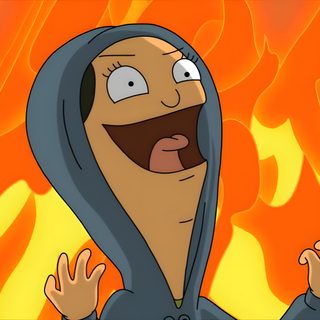 a cartoon character in front of a fire with his hands up and mouth wide open Bobs Burger Halloween Bob's Burgers, Bobs Burgers Quotes, Bobs Burgers Louise, Tina Belcher, dark orange