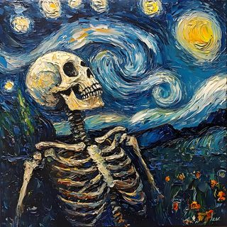 a painting of a skeleton with the starry night in the background Halloween Van Gogh Skeleton dark slate gray