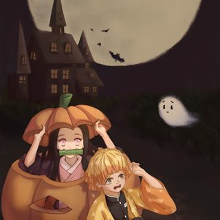 two children dressed up in halloween costumes sitting on a pumpkin with bats and ghost behind them Halloween Demon Slayer Demon Slayer Halloween Backgrounds, Demon Slayer Halloween, Halloween Demon Slayer, dark slate gray