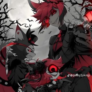two anime characters standing next to each other in front of a full moon with bats Hazbin Hotel Halloween dark slate gray