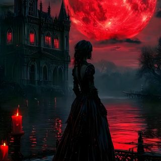 a woman standing in front of a red full moon with candles around her and an old castle on the other side Full Moon Halloween Vampire Pictures, Gothic Fantasy Art, Pretty Tumblr, Gothic, Kuching, Vampire Art, black