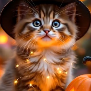 a kitten wearing a witches hat sitting next to a pumpkin Halloween Kittens Cute Dog And Cat Halloween, Cute Fall Kitten, Halloween Kitty, saddle brown