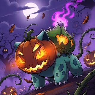 a cartoon cat with a pumpkin on it's back Halloween Bulbasaur Bulbasaur Halloween, Halloween Pokemon, Dark Pokémon, Pokemon Halloween, dark slate gray