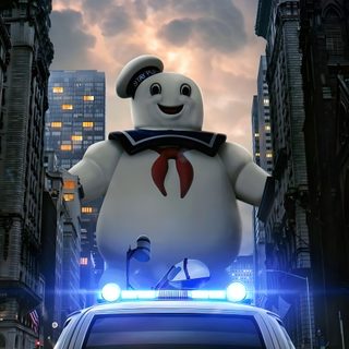 a large white teddy bear sitting on top of a car in the middle of a city Ghostbusters Halloween Slimer Ghostbusters, Ghostbusters Car, Marshmallow Man, dark slate gray