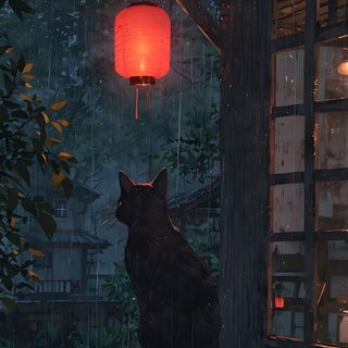 a cat sitting in the rain under a red lantern Japanese Halloween Alam, Gatos, Zermatt, Fantasy Art Landscapes, Cool Art, Cat, dark slate gray