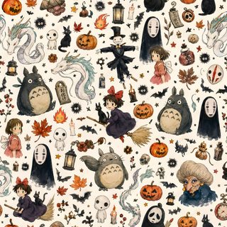 a white background with many different halloween items on it, including pumpkins and witches Ghibli Halloween Cute, Seamless Patterns, Halloween, Pattern, bisque