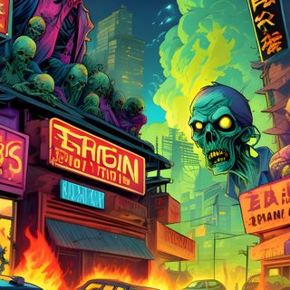 an image of a zombie city scene with cars and people on the street at night Halloween Zombie Gunship Colorful Zombie Art, Halloween Decoration Ideas, Post-apocalyptic Art Inspiration, dark slate gray