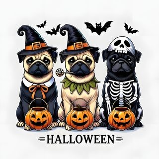 three pug dogs wearing halloween costumes sitting next to each other with bats and pumpkins Halloween Pug Iphone Pug Illustration, Dog Info, Pug Love, Rock Music, Happy Halloween, Halloween, lavender