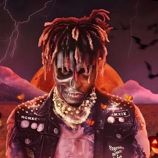 a man with dreadlocks standing in front of a halloween scene and pumpkins Halloween Juice Wrld Juice Wrld Halloween, Juice Wrld Zombie, Juice Wrld Skull, saddle brown