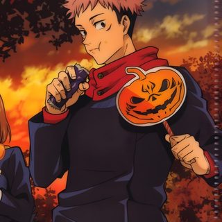 an anime character sitting in front of pumpkins with one hand on his face and the other holding a plate Jjk Halloween Jjk Thanksgiving, Jjk Pumpkin Ideas, Jjk Pumpkin Painting, Jujutsu Kaisen Halloween, maroon