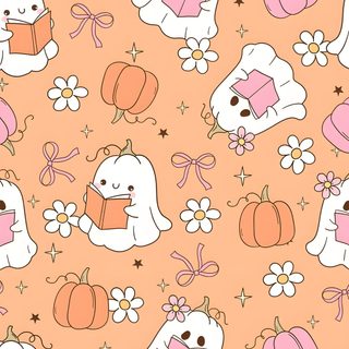an orange background with white rabbits and pumpkins Halloween Peach Ghost And Bows, Halloween Pastel, Pastel Halloween Iphone, Holiday, burlywood
