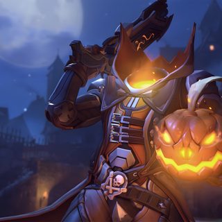 an image of a man dressed up as a demon with a pumpkin in his hand Overwatch Halloween Reaper Skins, Pumpkin Reaper, Halloween Reaper, dark slate gray