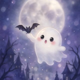 a painting of a ghost flying through the air with a bat in it's mouth Halloween Ghost For Nursery Night Sky Art, Childrens Room Art, Healing Arts, Baby Animal Prints, slate gray