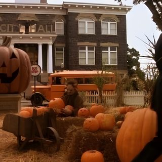 pumpkins and hay in front of an old building Halloweentown Pumpkin Halloween City Movie, Halloweentown Stills, Halloween Screencaps, saddle brown