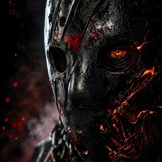 a close up of a person wearing a mask with red eyes and blood on his face Jason Halloween black