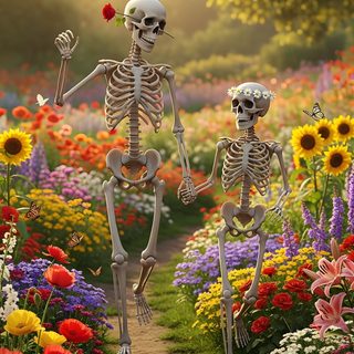 two skeletons walking through a flower garden with sunflowers and daisies in the foreground Halloween Skeletons Skeleton Love, Vintage Oddities, Funny Animals With Captions, Unusual Things, sienna