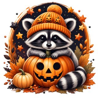a raccoon wearing a hat sitting on top of a pumpkin Halloween Raccoon Fall Raccoon, Cute Raccoon With Autumn Leaves, Halloween Raccoon, sandy brown