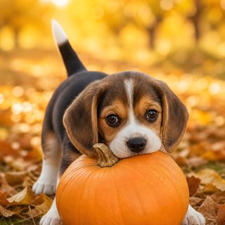 a beagle puppy chewing on a pumpkin Cute Beagle Halloween peru