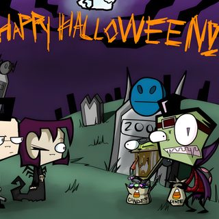 three cartoon characters standing in front of a graveyard with the words happy halloween written on it Invader Zim Halloween Invader Zim Zombie, Gir Invader Zim Pumpkin, Invader Zim Halloween Spectacular Of Spooky Doom, dark slate gray