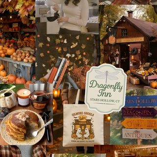 a collage of photos with pumpkins and other things in the background, including food Gilmore Girls Halloween Fall Aesthetic Gilmore, Gilmore Girls Fall Aesthetic, Fall Gilmore Girls, saddle brown