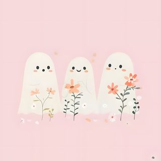 three ghost with flowers on pink background Halloween Pastel Ideas Cute Pink Ghost, Pink Ghost Aesthetic, Cute Halloween, misty rose