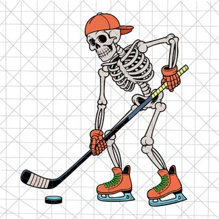 a skeleton playing ice hockey with an orange helmet and green boots on it's feet Hockey Halloween Skeleton Playing Hockey, Skeleton Hockey, Hockey Skate Svg, white
