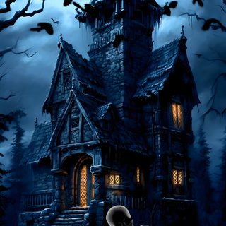 a creepy house with a skeleton on the ground in front of it and bats flying around Halloween Live Halloween Haunted House Animation, Scary Haunted House Animation, Haunted Manor Animated, midnight blue