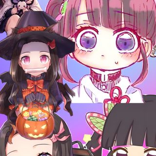 many anime characters are wearing hats and holding pumpkins in front of the camera, Demon Slayer Halloween rosy brown