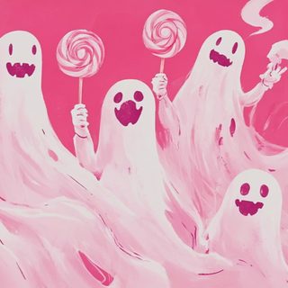 a group of ghost holding lollipops in their hands with pink sky and clouds behind them Pink Halloween Desktop Cute Spooky Desktop, Pink Halloween Ipad, Pink Halloween Laptop, thistle