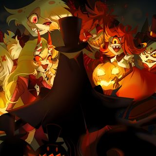 an animated halloween scene with cats and pumpkins Hazbin Hotel Halloween Hazbin Hotel Thanksgiving, Hazbin Hotel Halloween, Hazbin Halloween, black