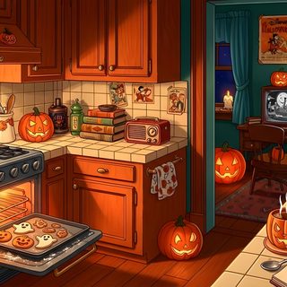 a kitchen decorated for halloween with pumpkins on the stove and other items in the oven Halloween Kitchen Cozy Halloween Desktop, The Creator, Cozy Fall Lofi, Cozy Autumn Pc, Halloween, saddle brown