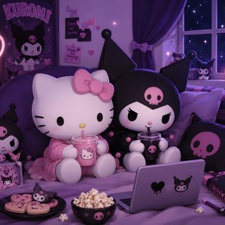 hello kitty and her friends are sitting on the bed in front of their laptops Chromebook Kuromi Halloween dark slate blue
