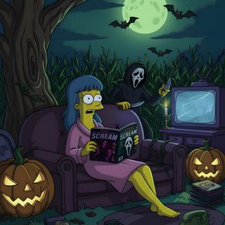 the simpsons is reading a book in front of his halloween scene with jack - o'- lanternes Simpsons Halloween 4k Halloween Simpsons, Trippy Halloween Art, Halloween Profile Pics, dark slate gray