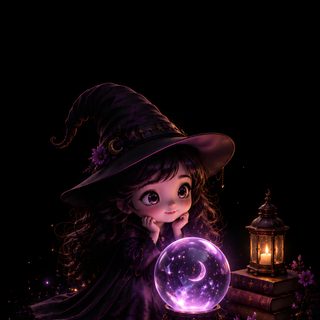 a witch holding a crystal ball in front of her face and wearing a black hat Halloween Cute Witch Purple Creepy Dolls, Witch Girl, Mystical Creatures, Digital Art Girl, black