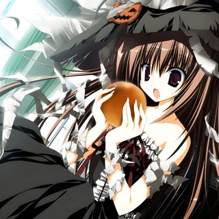 a girl with long hair wearing a witches hat and holding a pumpkin in her hand Anime Halloween Pc Halloween Anime Banner, Horror Anime 2000s, 2000s Nightcore, Nightcore 2000s, dim gray