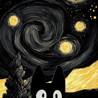 a black cat sitting on top of a field under a night sky filled with stars Halloween Starry Night Cat Pattern, Gatos, Starry Night, Black Cat Aesthetic, Arte Van Gogh,