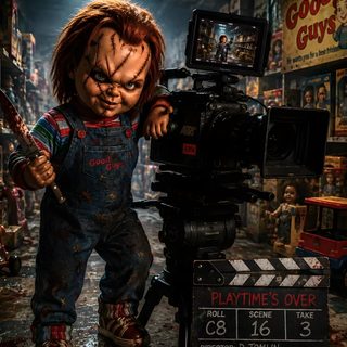 a creepy doll is standing next to a movie camera Halloween Scary Chucky black