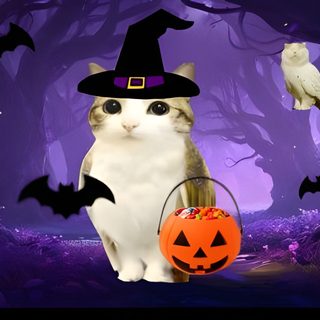 a cat wearing a witches hat and holding a trick bag with two cats in the background Generic Halloween Cat Desktop Meowl Background Pc, Meowl Cat, Meowl Desktop, Meowl Pc, Meowl, midnight blue