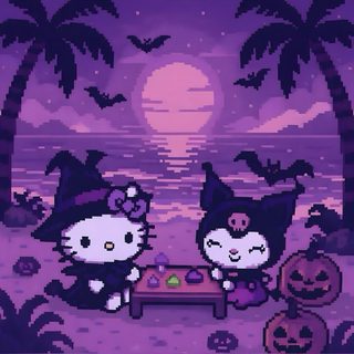 two hello kitty characters sitting at a table with pumpkins in front of the moon Halloween Purple Halloween Cute Kuromi Ipad Lockscreen, Purple Iphone, Mood, Sanrio, Trendy, dark slate blue