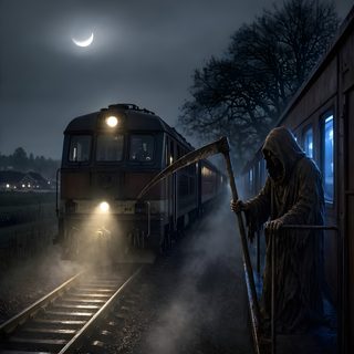 a person standing next to a train at night Halloween Ghost Train The Grim, Grim Reaper, dark slate gray