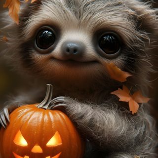 a baby sloth holding a jack - o'- lantern Halloween Sloth Cute Sloth Idea, Spooky Sloth Halloween, Halloween Owl, dark olive green