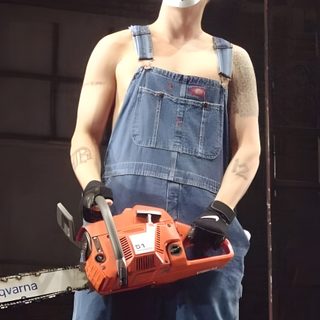 a man in overalls holding a chainsaw with a mask on it's face Eminem Halloween Slim Shady Costume Ideas, The Real Slim Shady Costume, Slim Shady Jason Mask, dark slate gray